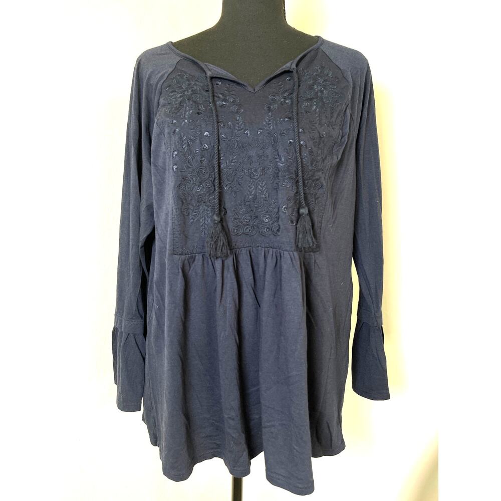 J.Jill Women's Embroidered Boho Western Casual Cotton Modal Blend Top Blue M